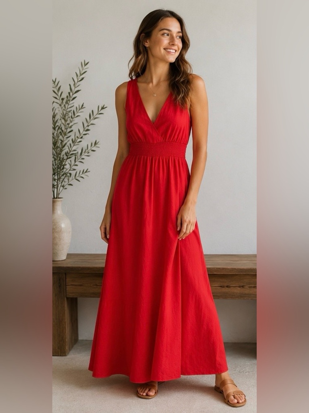 Cynthia Rowley Red V-Neck 100% Linen Midi Dress